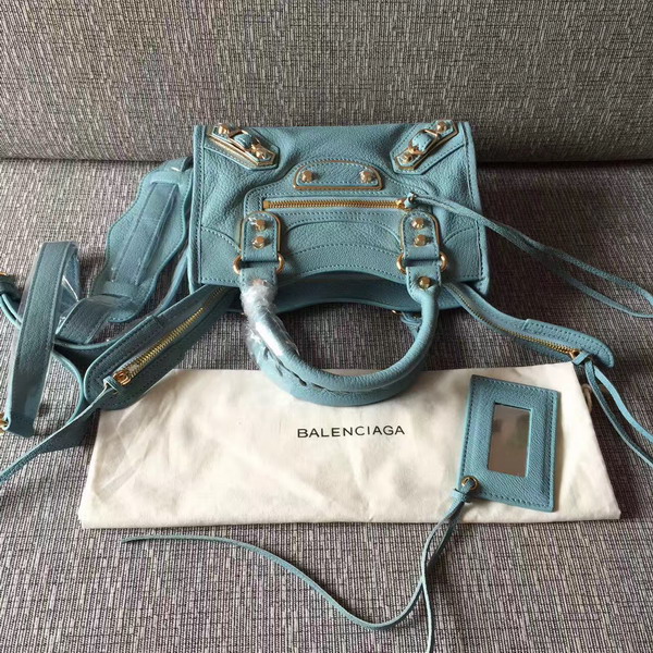 Balenciaga Metallic Edge Mini City Bag in Sky Blue Shiny Grained Goatskin with Gold Metal For Sale