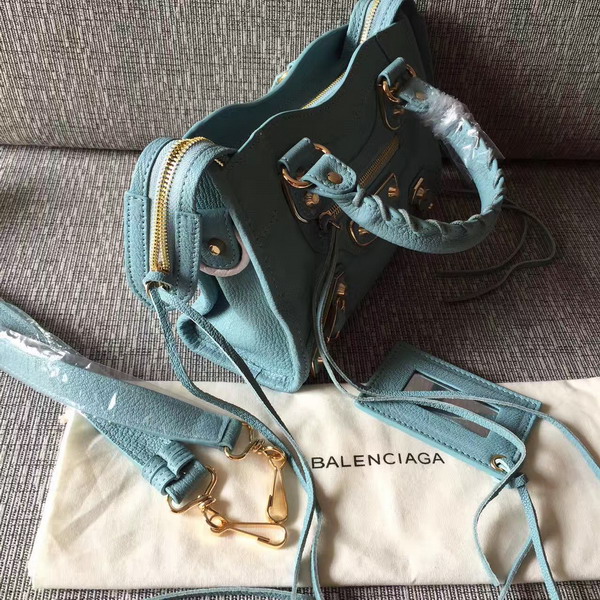 Balenciaga Metallic Edge Mini City Bag in Sky Blue Shiny Grained Goatskin with Gold Metal For Sale