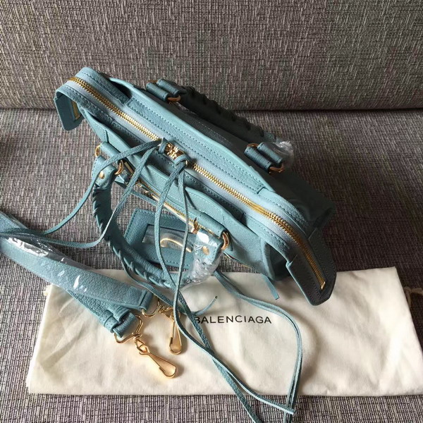 Balenciaga Metallic Edge Mini City Bag in Sky Blue Shiny Grained Goatskin with Gold Metal For Sale