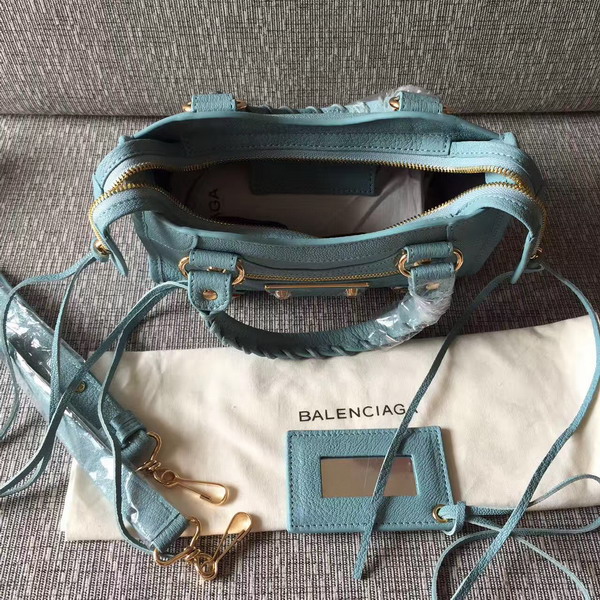 Balenciaga Metallic Edge Mini City Bag in Sky Blue Shiny Grained Goatskin with Gold Metal For Sale