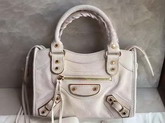 Balenciaga Metallic Edge Mini City Bag in White Shiny Grained Goatskin with Gold Metal For Sale