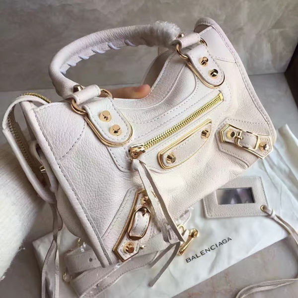 Balenciaga Metallic Edge Mini City Bag in White Shiny Grained Goatskin with Gold Metal For Sale