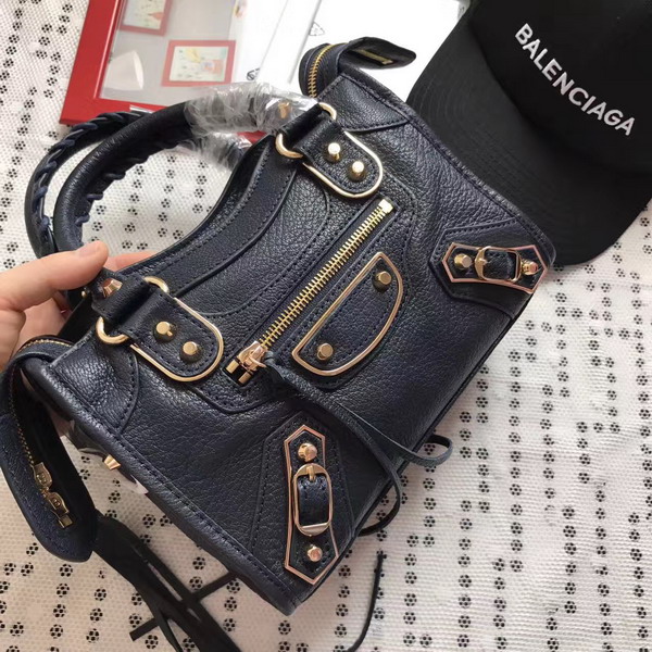 Balenciaga Metallic Edge Mini City Handbag in Midnight Blue Shiny Grained Goatskin with Gold Metal For Sale