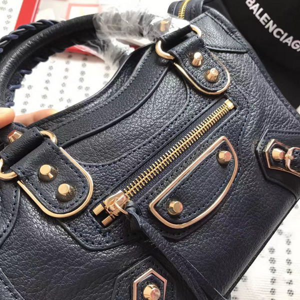 Balenciaga Metallic Edge Mini City Handbag in Midnight Blue Shiny Grained Goatskin with Gold Metal For Sale