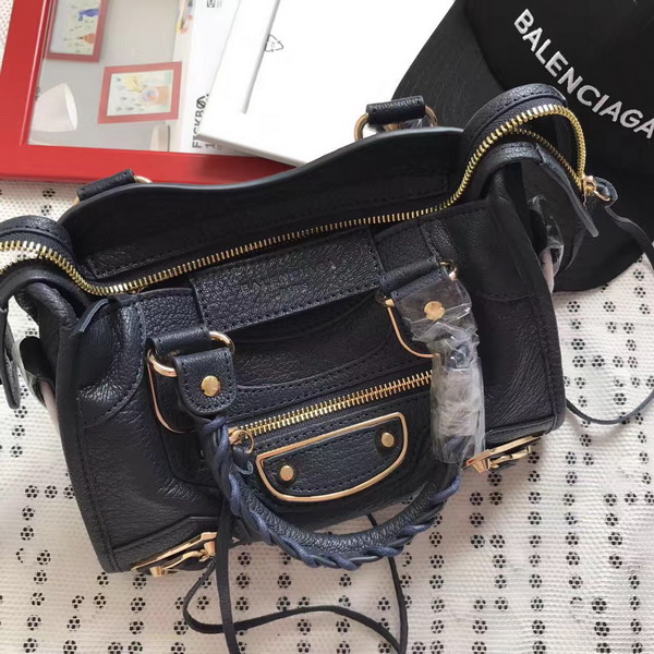 Balenciaga Metallic Edge Mini City Handbag in Midnight Blue Shiny Grained Goatskin with Gold Metal For Sale