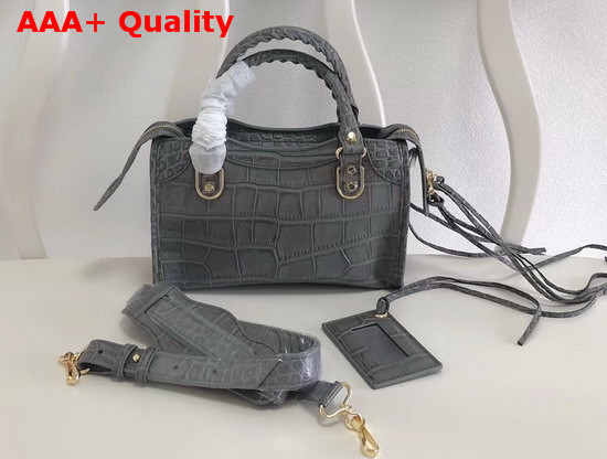 Balenciaga Mini Metallic Edge City Handbag Grey Crocodile Effect Replica