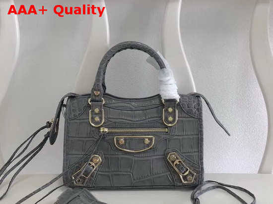 Balenciaga Mini Metallic Edge City Handbag Grey Crocodile Effect Replica