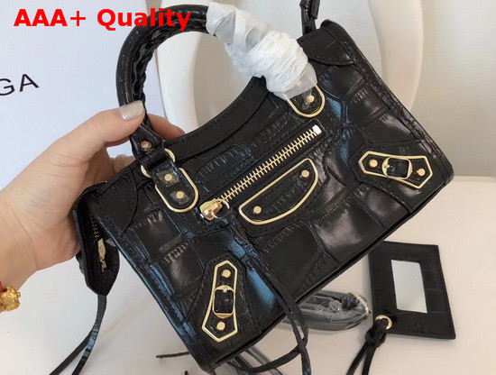 Balenciaga Nano Metallic Edge City Bag Black Crocodile Effect Replica