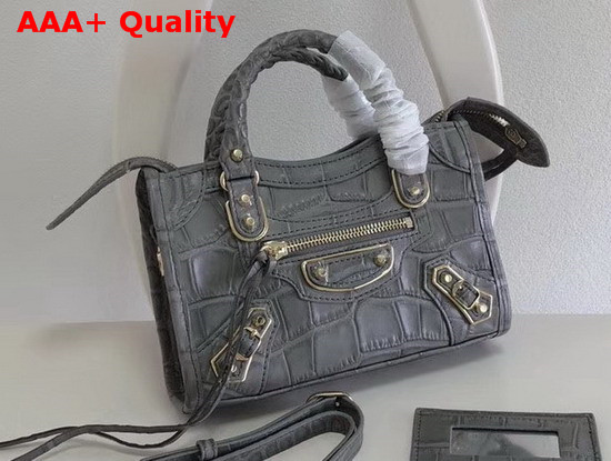 Balenciaga Nano Metallic Edge City Bag Grey Crocodile Effect Replica