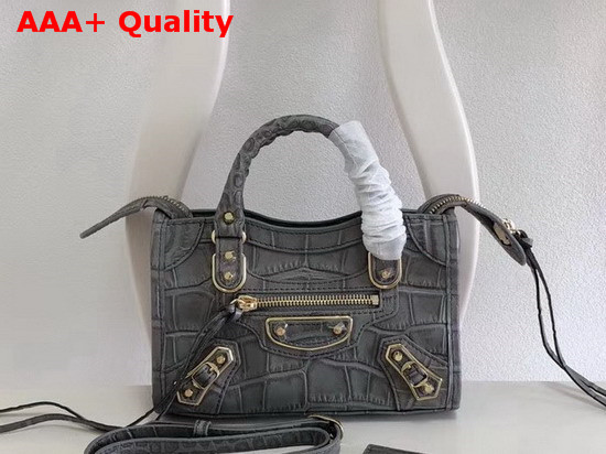 Balenciaga Nano Metallic Edge City Bag Grey Crocodile Effect Replica