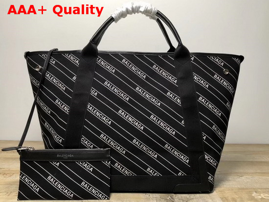 Balenciaga Navy Cabas S Stripe Logo Blackl and White Replica