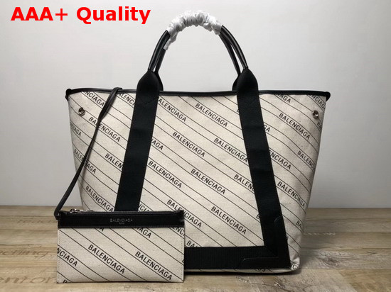 Balenciaga Navy Cabas XS Stripe Logo Natural and Black Replica