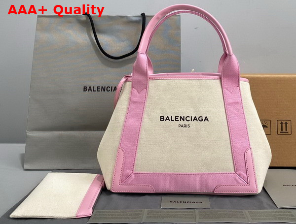 Balenciaga Navy Small Cabas in Light Beige Cotton Canvas and Pink Calfskin Replica