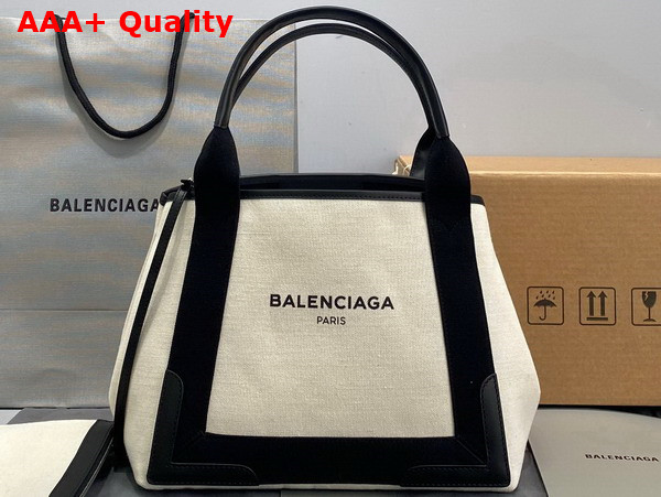 Balenciaga Navy Small Cabas in Off White Cotton Canvas and Black Calfskin Replica