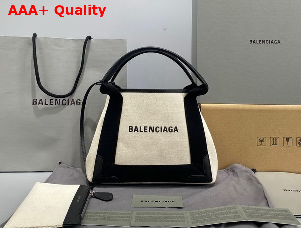 Balenciaga Navy XS Cabas in Light Beige Cotton Canvas and Black Calfskin Replica