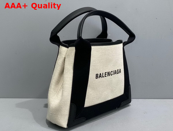 Balenciaga Navy XS Cabas in Light Beige Cotton Canvas and Black Calfskin Replica