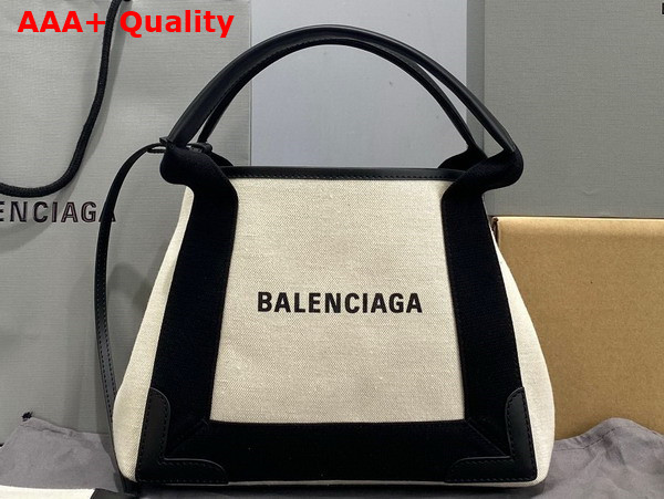 Balenciaga Navy XS Cabas in Light Beige Cotton Canvas and Black Calfskin Replica