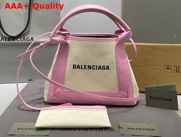 Balenciaga Navy XS Cabas in Light Beige Cotton Canvas and Pink Calfskin Replica