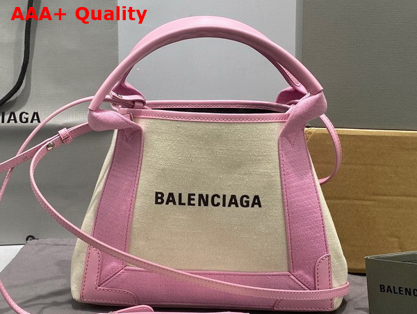 Balenciaga Navy XS Cabas in Light Beige Cotton Canvas and Pink Calfskin Replica