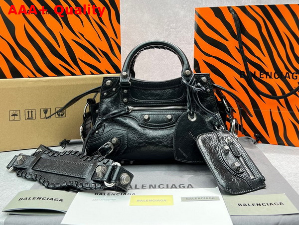 Balenciaga Neo Cagole XS Handbag in Black Arena Lambskin Aged Silver Hardware Replica