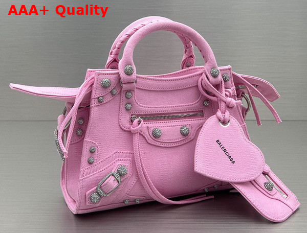 Balenciaga Neo Cagole XS Handbag in Pink Washed and Frayed Denim Aged Silver Hardware with Rhinestones Replica