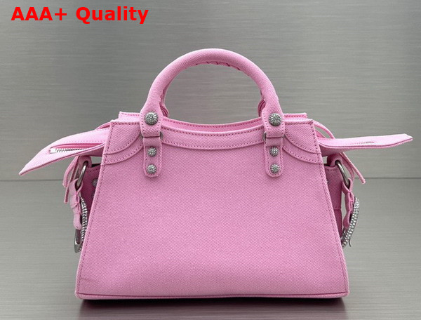 Balenciaga Neo Cagole XS Handbag in Pink Washed and Frayed Denim Aged Silver Hardware with Rhinestones Replica