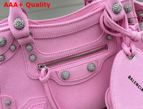 Balenciaga Neo Cagole XS Handbag in Pink Washed and Frayed Denim Aged Silver Hardware with Rhinestones Replica