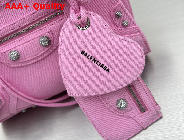 Balenciaga Neo Cagole XS Handbag in Pink Washed and Frayed Denim Aged Silver Hardware with Rhinestones Replica