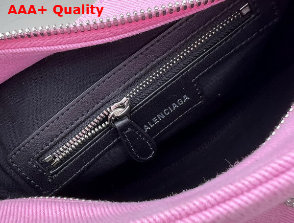 Balenciaga Neo Cagole XS Handbag in Pink Washed and Frayed Denim Aged Silver Hardware with Rhinestones Replica