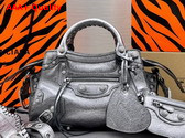 Balenciaga Neo Cagole XS Handbag in Silver Arena Lambskin Aged Silver Hardware with Rhinestones Replica