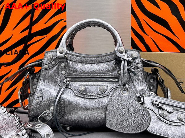 Balenciaga Neo Cagole XS Handbag in Silver Arena Lambskin Aged Silver Hardware with Rhinestones Replica