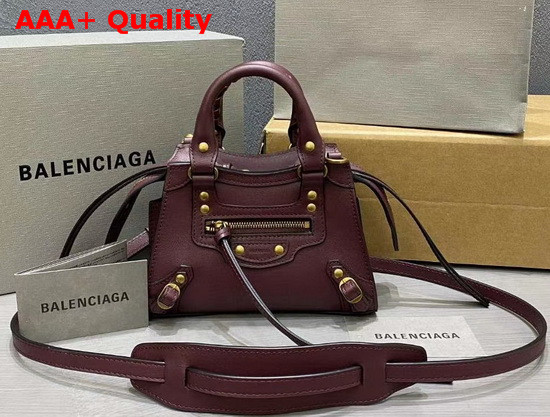 Balenciaga Neo Classic Mini Top Handle Bag in Burgundy Smooth Calfskin Aged Gold Hardware Replica