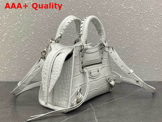 Balenciaga Neo Classic Mini Top Handle Bag in White Shiny Crocodile Embossed Calfskin Aged Silver Hardware Replica