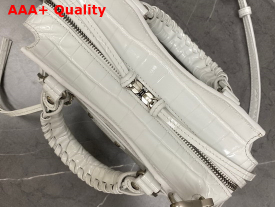 Balenciaga Neo Classic Mini Top Handle Bag in White Shiny Crocodile Embossed Calfskin Aged Silver Hardware Replica