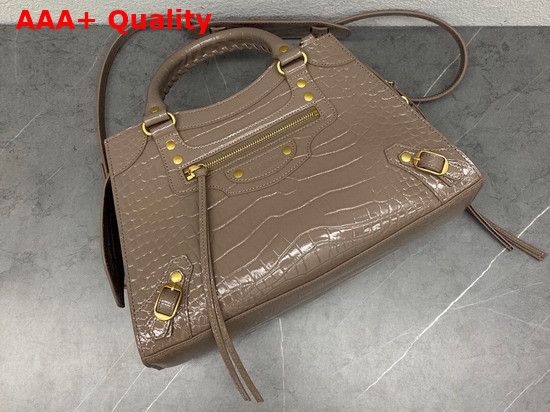 Balenciaga Neo Classic Small Top Handle Bag in Dark Beige Shiny Crocodile Embossed Calfskin Replica