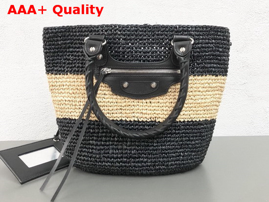 Balenciaga Panier Leather Trimmed Raffia Tote Black and Beige Replica