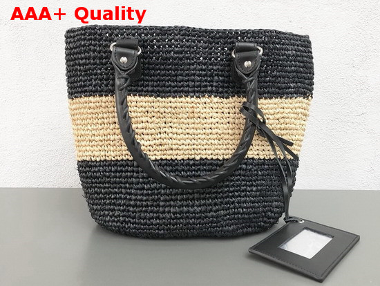 Balenciaga Panier Leather Trimmed Raffia Tote Black and Beige Replica