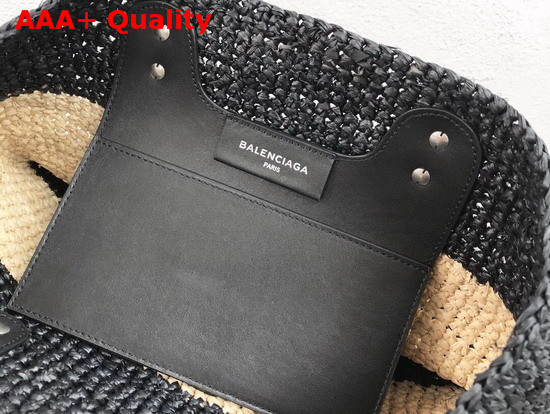 Balenciaga Panier Leather Trimmed Raffia Tote Black and Beige Replica