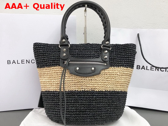 Balenciaga Panier Leather Trimmed Raffia Tote Black and Beige Replica