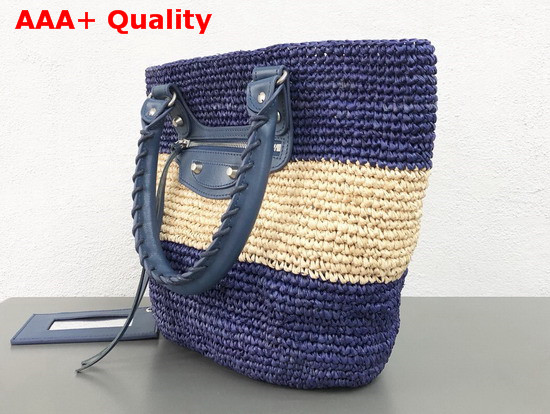 Balenciaga Panier Leather Trimmed Raffia Tote Blue and Beige Replica