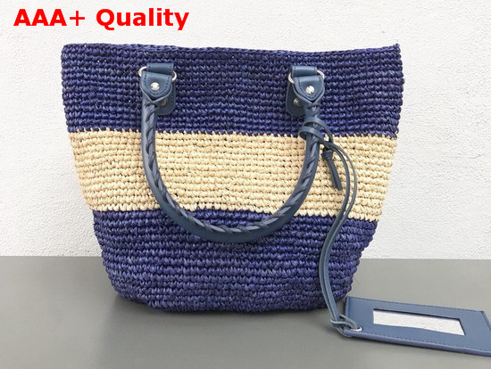 Balenciaga Panier Leather Trimmed Raffia Tote Blue and Beige Replica