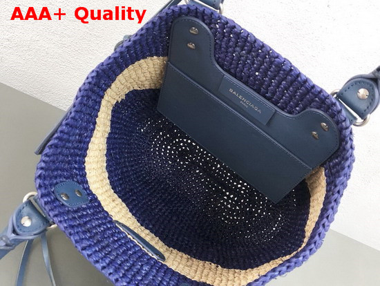 Balenciaga Panier Leather Trimmed Raffia Tote Blue and Beige Replica