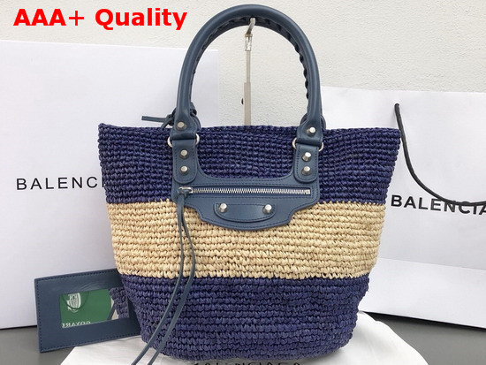 Balenciaga Panier Leather Trimmed Raffia Tote Blue and Beige Replica