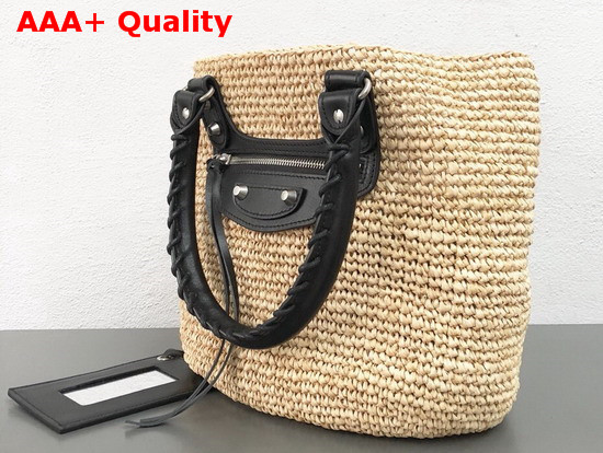 Balenciaga Panier Leather Trimmed Raffia Tote in Beige Replica