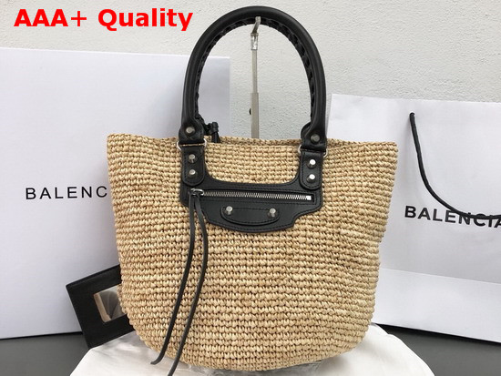 Balenciaga Panier Leather Trimmed Raffia Tote in Beige Replica