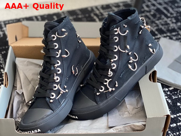 Balenciaga Paris High Top Sneaker in Black Destroyed Canvas with Piercings Replica