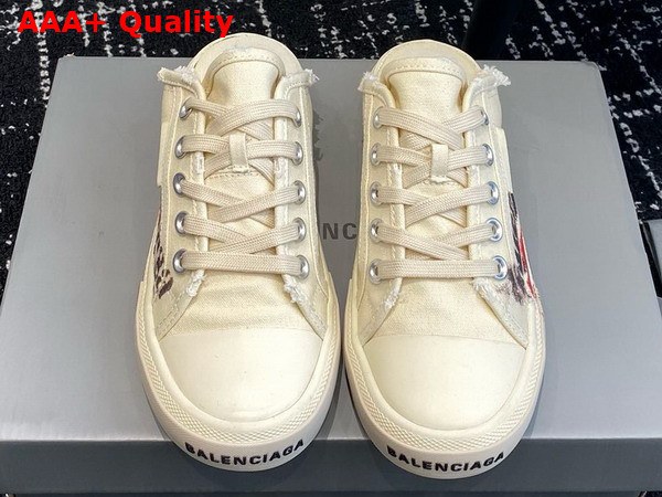 Balenciaga Paris Mule in White Destroyed Cotton with Balenciaga Print Replica