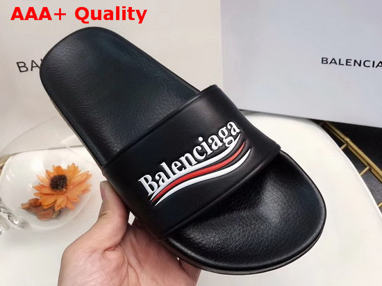 Balenciaga Pool Sandals Black Lambskin with Balenciaga Political Campain Logo on The Strap Replica