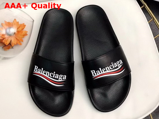 Balenciaga Pool Sandals Black Lambskin with Balenciaga Political Campain Logo on The Strap Replica