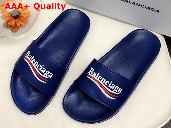 Balenciaga Pool Sandals Bleu Ocean Lambskin with Balenciaga Political Campain Logo on The Strap Replica